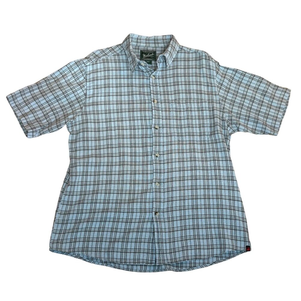 Woolrich Mens L Plaid woven Button-Up‎ Short Sleeve Shirt Blue Gray Woolen Mills